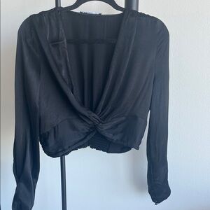 Zara Satin Black V Long Sleeve Top, XL